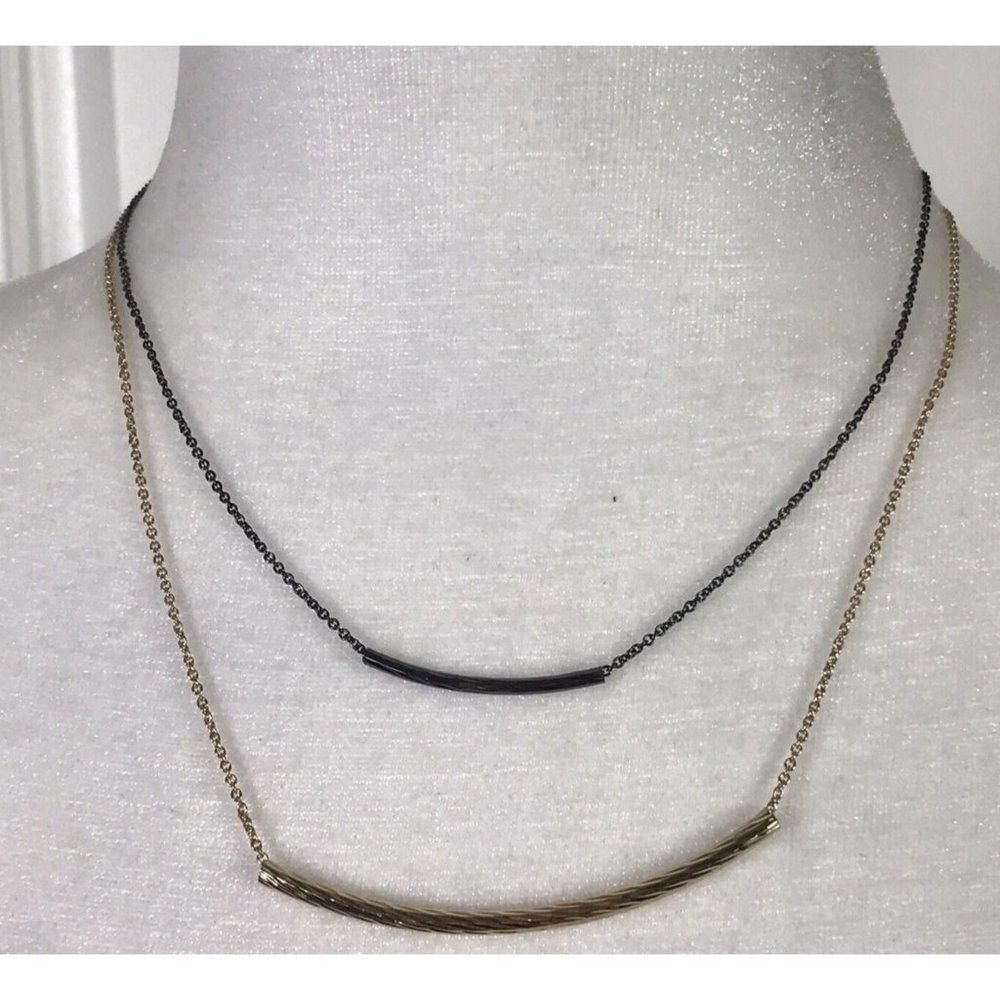 NWT Charming Charlie Gold Tone & Gun Metal 2 Chain Tiered Bar Necklace Delicate